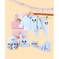Babyhug Disney Cotton Baby Gift Set With Mickey Mouse Graphics - Light Blue