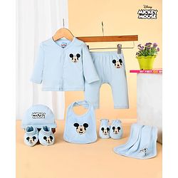 Babyhug Disney Cotton Baby Gift Set With Mickey Mouse Graphics - Light Blue