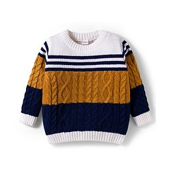 Babyhug Knit Full Sleeves Pullover Sweater with Color Block & Cable Knit Design - Mustard Navy Blue & White