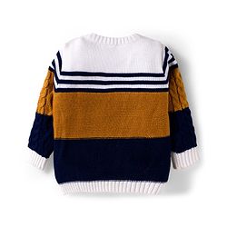 Babyhug Knit Full Sleeves Pullover Sweater with Color Block & Cable Knit Design - Mustard Navy Blue & White
