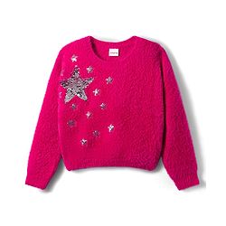 Babyhug Knit Full Sleeves Extra Soft Hairy Yarn Drop Shoulder Silhouette Pullover Sweater with Sequin Star Design - Fuchsia