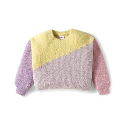 Babyhug Knit Full Sleeves Extra Soft Hairy Yarn Drop Shoulder Silhouette Pullover Sweater with Color Block Design - Lilac