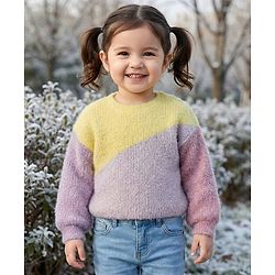 Babyhug Knit Full Sleeves Extra Soft Hairy Yarn Drop Shoulder Silhouette Pullover Sweater with Color Block Design - Lilac