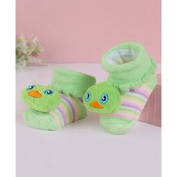 Cute Walk by Babyhug Slip On Socks Shoes with Stripes & Duck Applique - Light Green