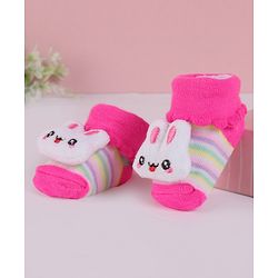 Cute Walk by Babyhug Slip On Socks Shoes with Stripes & Bunny Applique - Dark Pink