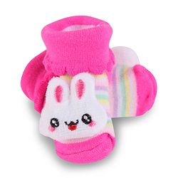Cute Walk by Babyhug Slip On Socks Shoes with Stripes & Bunny Applique - Dark Pink