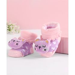 Cute Walk by Babyhug Socks With Heart Design & Cat Face Applique - Purple