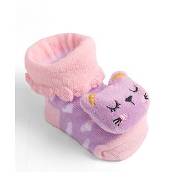 Cute Walk by Babyhug Socks With Heart Design & Cat Face Applique - Purple