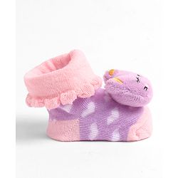 Cute Walk by Babyhug Socks With Heart Design & Cat Face Applique - Purple
