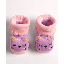 Cute Walk by Babyhug Socks With Heart Design & Cat Face Applique - Purple