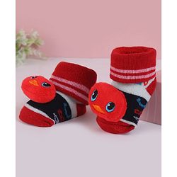 Cute Walk by Babyhug Fabric Slip On Socks Shoes with Duck Applique - Red & Black