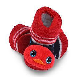 Cute Walk by Babyhug Fabric Slip On Socks Shoes with Duck Applique - Red & Black