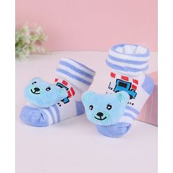 Cute Walk by Babyhug Fabric Slip On Socks Shoes with Bear Applique - Light Blue & White