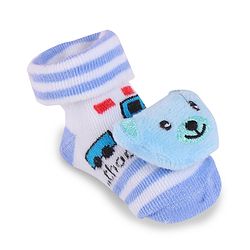 Cute Walk by Babyhug Fabric Slip On Socks Shoes with Bear Applique - Light Blue & White