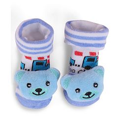 Cute Walk by Babyhug Fabric Slip On Socks Shoes with Bear Applique - Light Blue & White