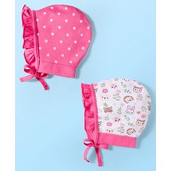 Babyhug 100% Cotton Interlock Knit Bonnet Caps With Polka Dot & Floral Print Pack Of 2 Pink & White - Diameter 11 cm