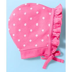 Babyhug 100% Cotton Interlock Knit Bonnet Caps With Polka Dot & Floral Print Pack Of 2 Pink & White - Diameter 11 cm