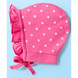 Babyhug 100% Cotton Interlock Knit Bonnet Caps With Polka Dot & Floral Print Pack Of 2 Pink & White - Diameter 11 cm