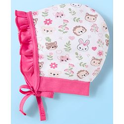 Babyhug 100% Cotton Interlock Knit Bonnet Caps With Polka Dot & Floral Print Pack Of 2 Pink & White - Diameter 11 cm
