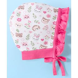 Babyhug 100% Cotton Interlock Knit Bonnet Caps With Polka Dot & Floral Print Pack Of 2 Pink & White - Diameter 11 cm
