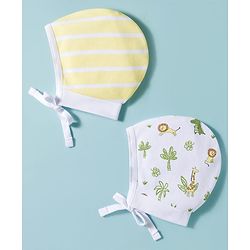 Babyhug 100% Cotton Interlock Knit Caps With Animal Print Pack Of 2 Yellow & White - Diameter 16 cm