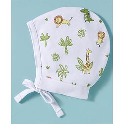 Babyhug 100% Cotton Interlock Knit Caps With Animal Print Pack Of 2 Yellow & White - Diameter 16 cm