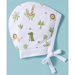 Babyhug 100% Cotton Interlock Knit Caps With Animal Print Pack Of 2 Yellow & White - Diameter 16 cm