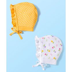 Babyhug 100% Cotton Interlock Knit Caps With Polka Dots & Floral Print Pack Of 2 - Diameter 17 cm