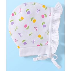 Babyhug 100% Cotton Interlock Knit Caps With Polka Dots & Floral Print Pack Of 2 - Diameter 17 cm