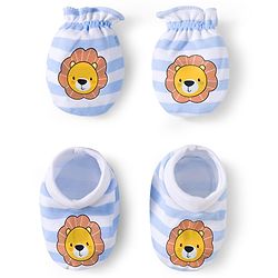 Babyhug 100% Cotton Interlock Knit Mittens & Booties Set With Animal Print - Blue