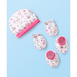 Babyhug 100% Cotton Interlock Knit Cap Mittens & Booties Set With Floral Print Pink & White - Diameter 10.5 cm