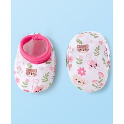 Babyhug 100% Cotton Interlock Knit Cap Mittens & Booties Set With Floral Print Pink & White - Diameter 10.5 cm