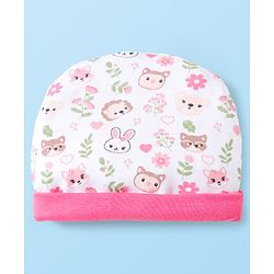 Babyhug 100% Cotton Interlock Knit Cap Mittens & Booties Set With Floral Print Pink & White - Diameter 10.5 cm