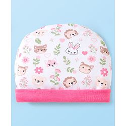 Babyhug 100% Cotton Interlock Knit Cap Mittens & Booties Set With Floral Print Pink & White - Diameter 10.5 cm