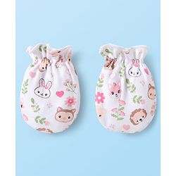 Babyhug 100% Cotton Interlock Knit Cap Mittens & Booties Set With Floral Print Pink & White - Diameter 10.5 cm