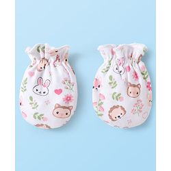 Babyhug 100% Cotton Interlock Knit Cap Mittens & Booties Set With Floral Print Pink & White - Diameter 10.5 cm