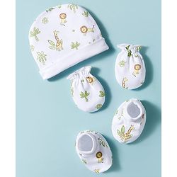 Babyhug 100% Cotton Interlock Knit Cap Mittens & Booties Set With Animal Print White - Diameter 17.5 cm
