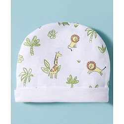 Babyhug 100% Cotton Interlock Knit Cap Mittens & Booties Set With Animal Print White - Diameter 17.5 cm
