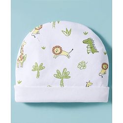 Babyhug 100% Cotton Interlock Knit Cap Mittens & Booties Set With Animal Print White - Diameter 17.5 cm