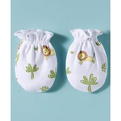 Babyhug 100% Cotton Interlock Knit Cap Mittens & Booties Set With Animal Print White - Diameter 17.5 cm