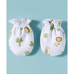 Babyhug 100% Cotton Interlock Knit Cap Mittens & Booties Set With Animal Print White - Diameter 17.5 cm