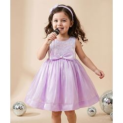 Babyhug Woven Sleeveless Party Dress with Headband  Sequin Detailing & Bow Applique - Lavender