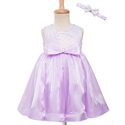 Babyhug Woven Sleeveless Party Dress with Headband  Sequin Detailing & Bow Applique - Lavender