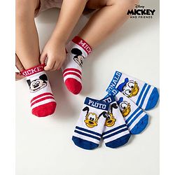 Cute Walk by Babyhug Disney  Knitted Ankle Length Anti Bacterial Socks With Mickey Mouse and Friends Graphic Pack of 3 - Red & Blue
