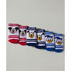 Cute Walk by Babyhug Disney  Knitted Ankle Length Anti Bacterial Socks With Mickey Mouse and Friends Graphic Pack of 3 - Red & Blue