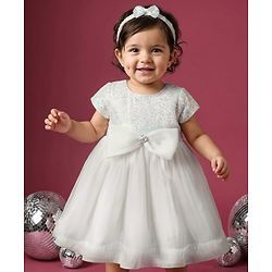 Babyhug Woven Half Sleeves Party Dress with Headband Sequin Detailing & Bow Applique - White