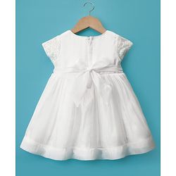 Babyhug Woven Half Sleeves Party Dress with Headband Sequin Detailing & Bow Applique - White