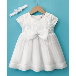 Babyhug Woven Half Sleeves Party Dress with Headband Sequin Detailing & Bow Applique - White