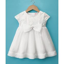 Babyhug Woven Half Sleeves Party Dress with Headband Sequin Detailing & Bow Applique - White