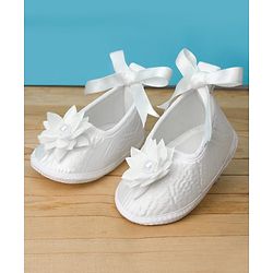 Babyhug Woven Sleeveless Lace Baptism Party Dress with Headband Booties & Pearl Detailing - White